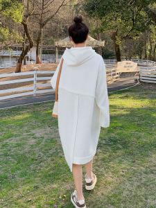 Loose White Hoodie Dress Womens Mid-Length Spring Autumn Casual Design Trendy Patchwork Dresses A-Line Skirt Polyester Fiber