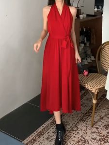 Fashion Hanging Neck Dress Womens New A-line Waist Tie Slim Fit Spring/Summer Mid Length Skirt