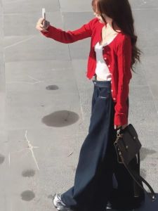 Spring & Fall Red New Style Cable-Knit Sweater Cardigan Korean Style Retro Cropped Sweater Coat Womens Early Autumn Wear Tops