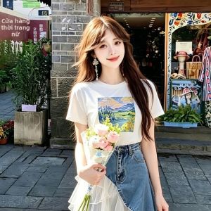 NUANPING | Bộ Áo Thun Đơn Sơ và Chân Váy Jean