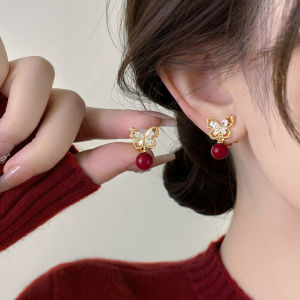 Wine Red Zircon Butterfly Pearl S925 Sterling Silver Ear Stud
