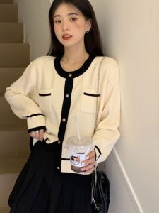 Sang Trọng Lịch Sự Dệt Kim Ngắn Mở Áo Khoác Cardigan Váy Bộ Nữ Mùa Xuân Mùa Thu Mềm Tinh Tế Áo Len Áo Khoác Ve Áo Hai Bộ