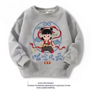 SHIPAILUO | Trendy Childrens Cartoon Animation Nezha Loose Fit Round Neck Cotton Sweatshirt Boys Spring Autumn Comfortable Casual Hoodie