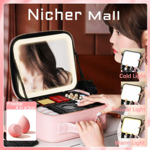 LED Makeup Organizer With Tricolor LED Light Mirror USB Charge Cosmetic Pouch Large Capacity Portable