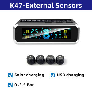 E-ACE | E-ACE Wireless Car Tire Pressure Monitor System Dynamic Color Display Screen AutoTyre Temperature USB / Solar 4 Sensors TPMS