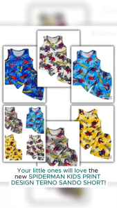 Spiderman print design terno sando and short for kids ages 1 to 13 years. White tank top and shorts with red and blue Spiderman graphics.