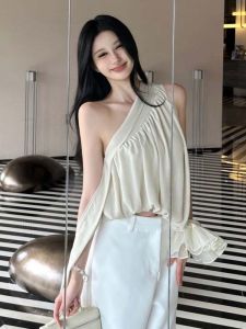 เสื้อกั๊กแขนกุดสไตล์ฝรั่งเศสไม่สมมาตร ฤดูร้อน 2025 เสื้อกั๊กผู้หญิง สายเดี่ยว คอเฉียง ทรงหลวม ปกติ สีสันสดใส