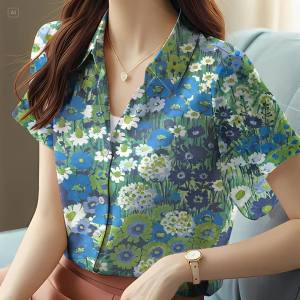 เสื้อชีฟองผ้าบาง ลายดอกไม้ขนาดเล็ก เสื้อบางเบาสบาย ฮาวาย ซัมเมอร์ เสื้อกันแดด เสื้อเชิ้ตชีฟองพิมพ์ลายดอกแฟชั่นผู้หญิง