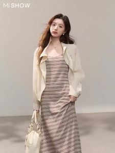 MI.SHOW | Sun Protection Vintage Casual Thin Long Sleeve Shirt and Stripe Tank Dress Set