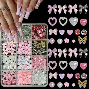 1 Hộp Đính Đá Pha Lê Hình Mặt Phẳng Giả Ngọc Trai Trang Trí Nail Art Hình Nơ Ngọt Ngào Hoa Trái Tim Hợp Kim Bướm Charm Phụ Kiện Làm Nail Tự Làm