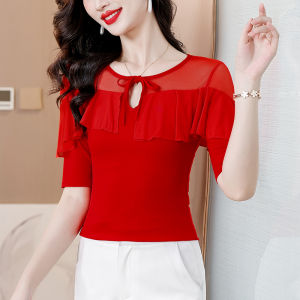 YIMEI Latin dance short sleeved mesh ruffled chiffon womens 2025 summer new high-end ballroom dance red top