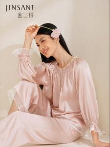 JINSANTA | 100 Percent Silk Round Neck Off Shoulder Lace Trim Summer Sleepwear Set