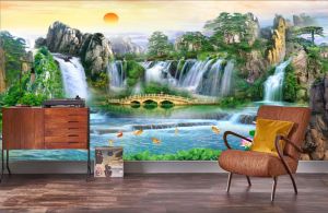 Dekorasi wallpaper 3d custom pemandangan air terjun sunset wallpaper dinding waterfall harga per meter bisa ukuran besar dekorasi dinding ruang tamu