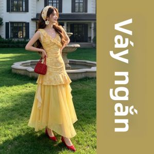 Ge·an·fei | Đầm Dây Hoa Vàng Phong Cách Pháp cho Kỳ Nghỉ Hè