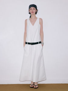 SOLWEIGE | SOLWEIGE Anti-Wrinkle Crisp Linen Cotton Blend Low Waist Sleeveless Long Vest Dress Womens V-neck City Commute Suitable Summer Dress