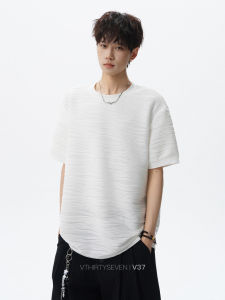 V37 | Stylish Wave Pattern Casual Short Sleeve Tee White Loose Fit