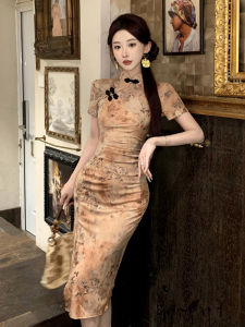 Retro Floral Print Cheongsam Dress High Waist Asymmetrical Pleated Short Sleeve Mid-Length Skirt Style for Young Women