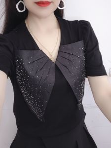 Áo Thun Tay Ngắn Màu Đen Thanh Lịch Mùa Hè Cho Nữ Cổ Chữ V Thời Trang Thiết Kế Thon Gọn Có Nơ Bướm Sequin