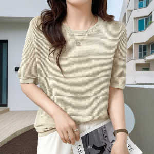 Fashion Mom round Neck T-shirt for Women Ice Silk Sweater Easiest for Match Short Sleeve Shirt Outwear Pure Color Western Style Top Women