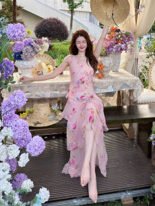 Elegant Floral Halter Pink Maxi Dress