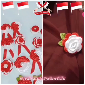 (1PCS) BROS BUNGA MERAH PUTIH HUT RI 17 AGUSTUS / BROS KERMERDEKAAN INDONESIA / BROS DAGU MERAH PUTIH GARDENIA / BROS DADA BUNGA KAIN SATIN / BROS JILBAB / BROS MAWAR FASHION / BUU9348