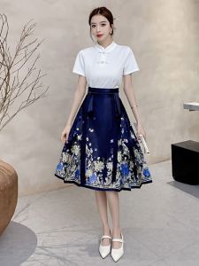 New Chinese Style Short Ma Face Skirt Set Womens Summer New Model Small Size Seven-Eight Half Body Skirt Improved Hanfu