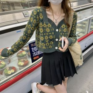 Autumn and Winter New Arrival Ins Floral Chic Square Collar Color Matching Short Knitting Cardigan Chic Fashionable Sweater Outwear Women