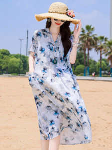 ชุดเดรสผ้าไหมคอวีหลวมๆ สไตล์วันหยุด ช่วงฤดูร้อน สำหรับผู้หญิงวัย 40-49 ปี ชุดเดรสยาวปานกลางแขนสั้นลายดอกไม้