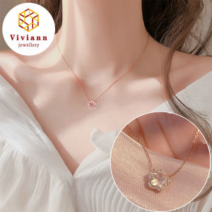 Viviann Original Design Rose Quartz Necklace Cherry Blossom Necklace Summer Exquisite Sterling Silver Collar Chain Pink Crystal Peach Blossom Drop Pendant Necklace For Woman Girl Gift ewelry Pink Crystal Girl Sweet Cool Clavicle Chain Accessories