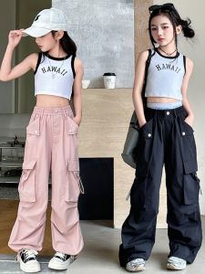 Girls Summer Work Pants Black Large Children Summer Outfit Quick Dry Sports Straight Leg Long Pants Girls Vest Set Trendy