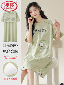 Langsha ชุดนอนผ้าฝ้ายสําหรับผู้หญิงฤดูร้อนหลวมพอดีกับแผ่นหน้าอกน่ารักหวานยาวสไตล์การ์ตูนรูปแบบแอนิเมชั่น