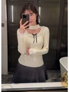 BINKAFENNY | Pure Desire Hollow Out Knitted Base Shirt Womens Autumn Winter Short Design Lace Splice Long Sleeve Top Korean Style Commute