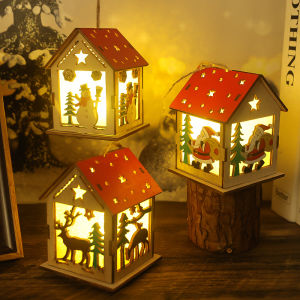 Christmas Led Light Wooden House Pendant with Rope Merry Christmas Decorations for Home Diy Xmas Tree Ornaments Kids Gifts