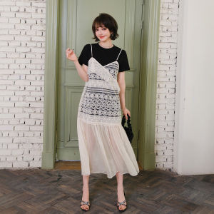 Cotton Short Sleeve T-Shirt Dress Lace Spaghetti Strap Skirt Set