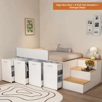 Modern Minimalist Childrens Bed with Storage Desk Combination High Box Half Height Bedroom Furniture Set for Kids