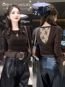 Áo Thun Dài Tay Cổ Tròn Ren Splicing Slim Fit Áo Thun Lót Trong Mùa Thu Đầu Tiên Áo Thun Hở Lưng Áo Thun Nữ