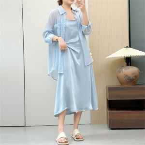 เสื้อเชิ้ตแขนยาวกันแดดสำหรับผู้หญิง เสื้อเชิ้ตแขนยาวบางเฉียบ สีสันสดใส ชุดเดรสยาวคอวีแขนกุด สไตล์ฝรั่งเศส