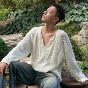 American Retro Lazy Wind Rope V-neck Knitting Cut Out Long Sleeves T-shirt Mens Summer Casual Loose Sun Protection T-shirt