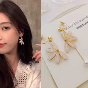 Asymmetric Pearl Tassel Flower Mosquito Coil Tray Ear Clip No Piercing Womens New Style High-End Sensation Small Audience Temperament Clip Earrings