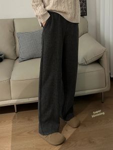 Stylish High-waisted Herringbone Fleece Lined Trousers