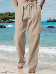 Mens Casual Long Pants Summer Loose Breathable Beach Pants Solid Color Drawstring Elastic Waist Male Trousers