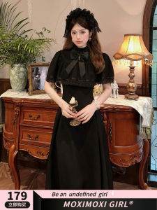 Moxi Black Aesthetic French Vintage Long Lace Dress Waist Cinched Elegant Fashionable Womens Clothing Daily Wear Short Sleeve