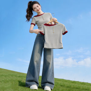 Shalldoer | Slanted Shoulder Contrast Color Illusion Two-Piece Style Summer Short Sleeve Top