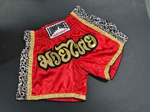Lumpinee Satin Retro Muay Thai Fight Shorts Red with Leopard Mesh