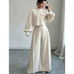 Spring Autumn Fashion 2 Piece Sets Womens Outfits Elegant Round Neck Long Sleeve Crop Tops Wide Leg Pants Sets Womens Clothing