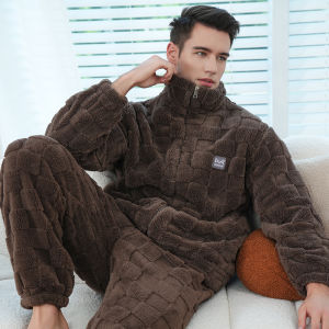 Miiow | Mens Sleepwear Thickened Flannel Coral Fleece Lined Pajamas Set Warm Home Clothes Long Sleeve Zipper Closure Solid Color Polyester Fiber