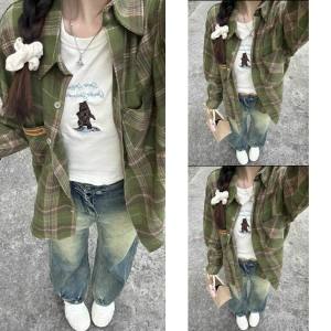 Retro American Plaid Early Autumn Womens Shirt Small Inner Wear Outerwear Long Sleeve Checkered Casual Loose Fit Polo Collar