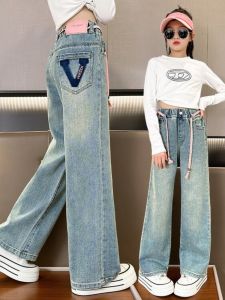 Girls Loose Wide Leg Jeans Spring Autumn Fashion Straight Pants Elastic Waist Long Trousers for Children Ages 6 to 13