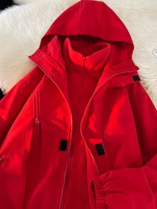 Mens Workwear Jacket Three-in-One Cotton Clothes Red Wine Color Dragon Year Chinese Zodiac Warmth Polyester Casual Coat