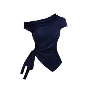 YUEZHONGWEI | French Style Irregular Wood Grain Edge Short Sleeve T-Shirt Women Summer Unique Design Slim Fit Shoulder Baring Top